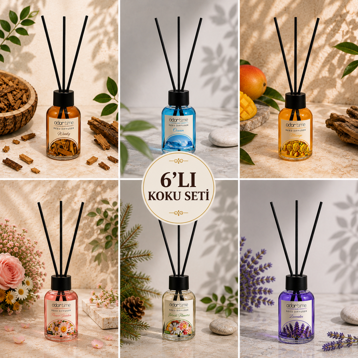 6’lı Çubuklu Oda Kokusu Set 50 ML’lik Şişe (FOREST FLOWERS-FLOWER GARDEN-OCEAN-MANGO-WOODY-LAVANTA)